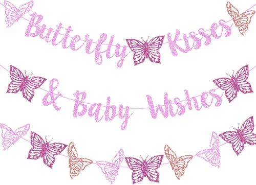 Miniatura 8 de Decoración de fiesta de baby shower con diseño de mariposa con purpurina rosa "A Little Butterfly Is On Her Way" para fiesta temática de mariposa
