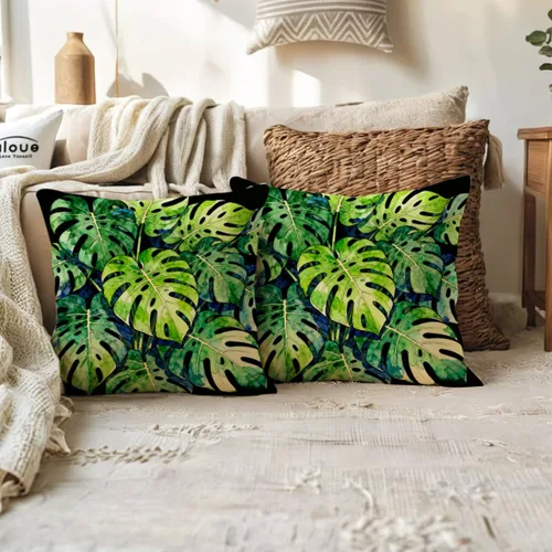 Miniatura 5 de Juego de 2 fundas de almohada de hojas de Monstera con diseño de hojas de palmera tropical, con temática botánica, fundas de almohada decorativas