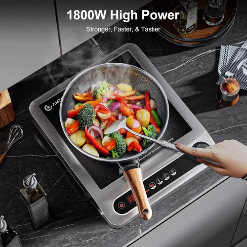 Miniatura 3 de AMZCHEF Placa de cocción de inducción comercial, quemador de encimera de 1800 W con 18 ajustes de potencia y temperatura, doble IGBT, temporizador