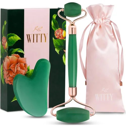 WITTY Juego de rodillo facial de jade y Gua Sha en caja de regalo dibujada a mano, piedra Gua Sha, rodillo masajeador facial, herramientas de