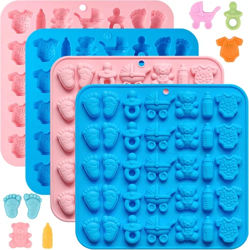 JOERSH Paquete de 4 moldes de chocolate con temática de baby shower, moldes para chupete de botella de pies de bebé, moldes de caramelo tamaño