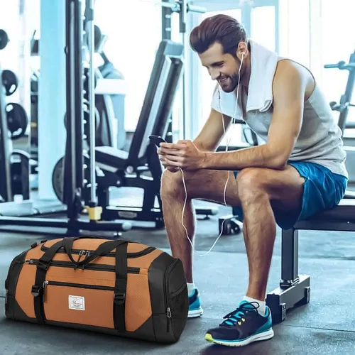 Miniatura 9 de Bolsa de lona para hombres bolsa de gimnasio 1000d material impermeable de nylon, Caqui2, 65 l, Viajes