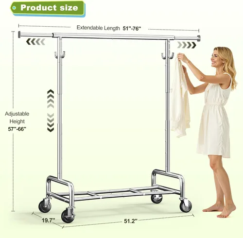 Miniatura 7 de Raybee Perchero de ropa de 76 pulgadas de ancho, resistente con carga de 450 libras, ruedas bloqueables y altura ajustable, perchero para Plata