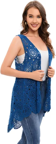 Miniatura 4 de Chaleco de encaje de ganchillo para mujer, estilo bohemio, sin mangas, kimono con dobladillo irregular