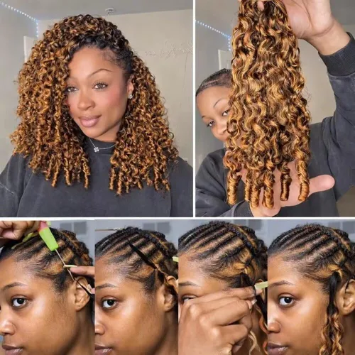 Miniatura 2 de Pre Looped Crochet Human Hair #4/27 Highlight Color Pre-Separated Burmese Curly with Spiral End Human Crochet Hair Feather Crochet Hair Extensions