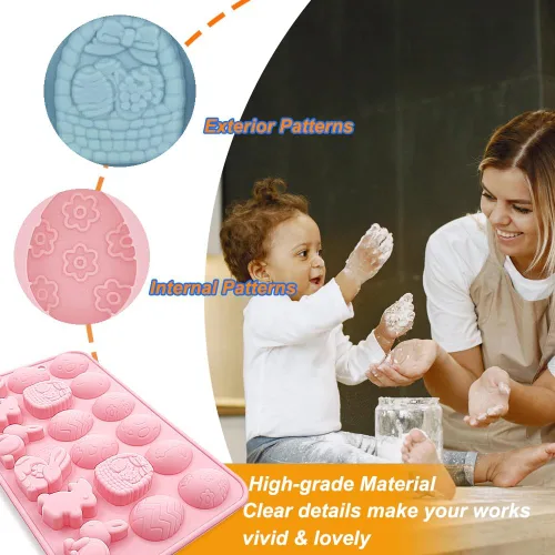 Miniatura 4 de Paquete de 2 moldes de chocolate para gomitas de Pascua, 18 cavidades, huevo, conejo, dulces, bandeja para hornear pastel de chocolate, postre