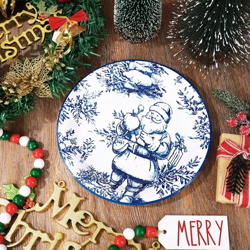 Miniatura 4 de Whaline 40 platos de papel de Navidad, 4 diseños, chinoiserie de porcelana azul y blanca, árbol de Navidad, platos desechables de Papá Noel, vajilla