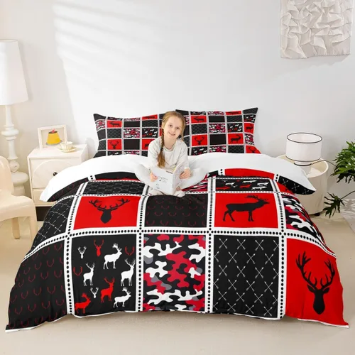 Miniatura 22 de Juego de funda de edredón para niños de ciervo, oso, lobo, tamaño individual, juego de ropa de cama de cabaña de aventura para niños, niñas