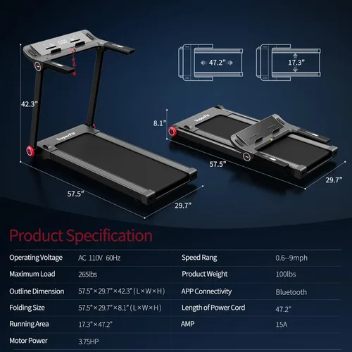 Miniatura 8 de Goplus Cinta de correr plegable de 3.75 HP, caminadora independiente Superfit con aplicación, 12 programas preestablecidos, pantalla LCD, monitor