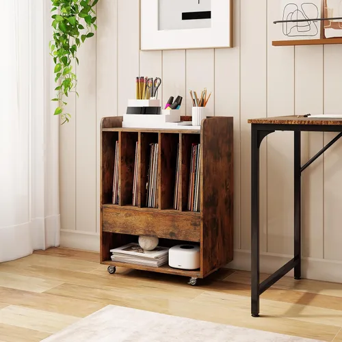 Miniatura 5 de LOKO Soporte para tocadiscos sobre ruedas, soporte giratorio con 5 compartimentos, cajón y estante abierto, estante de exhibición de vinilo