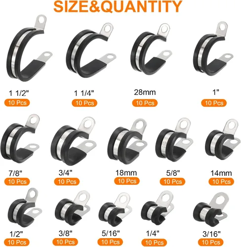 Miniatura 2 de uxcell Kit surtido de 140 abrazaderas de cable, abrazadera aislada acolchada de goma de acero inoxidable, surtido en 14 tamaños