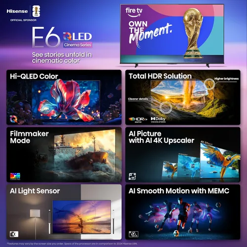 Miniatura 4 de Hisense 43" Serie E6 Cinema Hi-QLED 4K UHD Smart Fire TV (43E6QF, modelo 2025) - Sensor de luz AI, Dolby Vision · Atmos, control remoto por voz