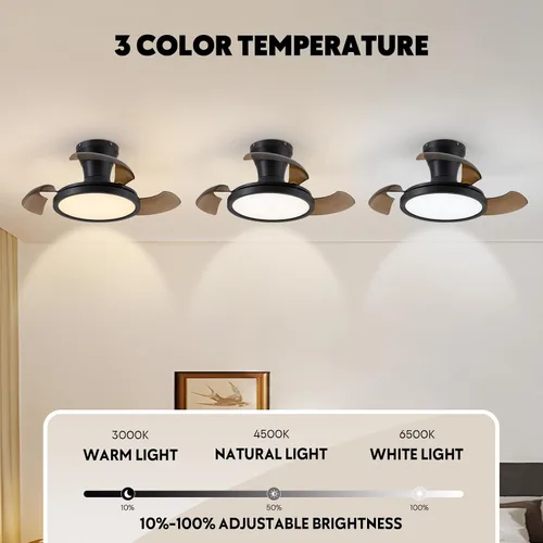 Miniatura 3 de Ventilador de techo retráctil moderno de 71 cm con luz, control remoto, regulable, 6 velocidades, reversible, pequeña luminaria de techo, sin aspas