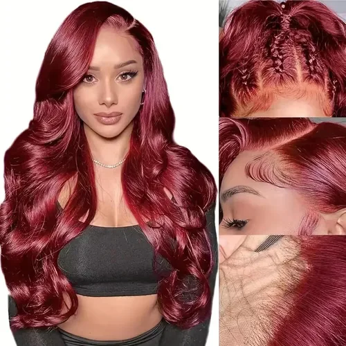 Miniatura 22 de ULRICA 99J - Pelucas de encaje frontal burdeos de 20 pulgadas, pelucas de cabello humano para mujeres negras 13x4, encaje HD burdeos, peluca de Rojo