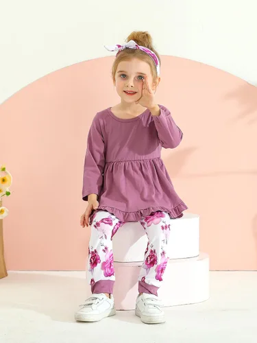 Miniatura 5 de Kulcerry Conjunto de ropa para bebé niña pequeña, color liso, manga larga, volantes, pantalones, diadema