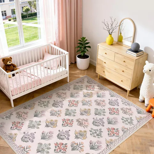 Miniatura 6 de Wonnitar Alfombras rosas para dormitorio, niñas, guardería, alfombra lavable con estampado floral de 5 x 7 pies, bohemio, ultrafina, antideslizante