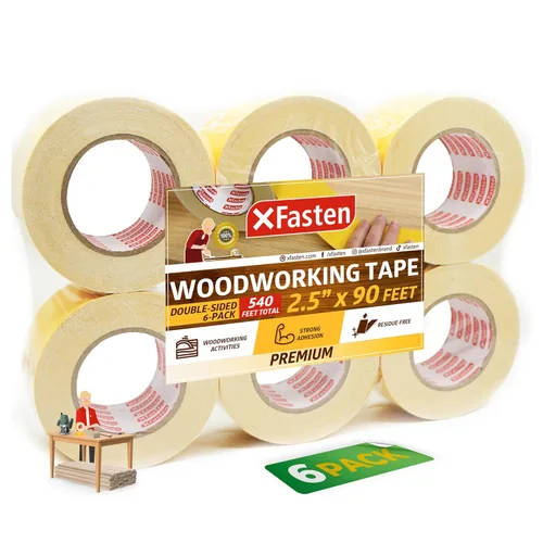 XFasten Cinta de carpintería de doble cara de 2.5 pulgadas x 90 pies (paquete de 6), cinta de doble cara sin residuos para plantilla de madera, MDF,
