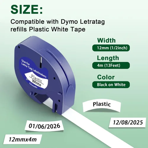 Miniatura 5 de Compatible con Dymo Letratag Recambios LT100T, cinta blanca de plástico 91331, 0.472 in x 13.1 ft (1/2 pulgada x 13 pies), repuesto para repuestos