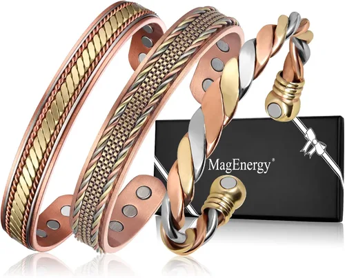 Miniatura 7 de MagEnergy Pulseras de cobre para mujeres y hombres, juego de 3 piezas, terapia magnética, pulsera hecha a mano 100% cobre, caja de regalo de joyería