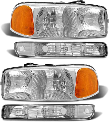 Par de montaje de faros delanteros para GMC Sierra 1999-2006 1500 2500 3500 2000-2006 Yukon lente transparente cromado carcasa ámbar reflector
