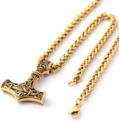 Miniatura 4 de Gungneer Thor Hammer Pendant Mjolnir Necklace 18K Gold Plated Stainless Steel Norse Viking Jewelry for Men Women