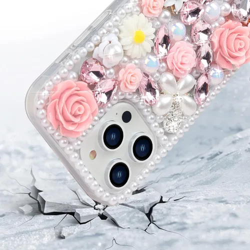Miniatura 5 de para iPhone 14 Pro - Funda con Purpurina y Diamantes de Imitación, de Lujo, con Cristales Brillantes, Flores de Rosa, Perlas Florales, Pulseras