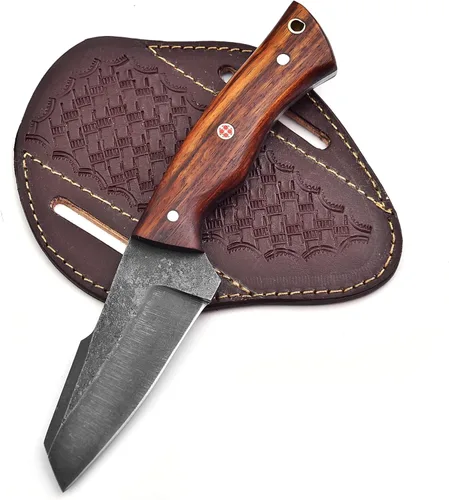 Miniatura 7 de Cuchillo de caza de acero de Damasco forjado a mano – Cuchillo de caza táctico EDC de hoja fija de 8 pulgadas para desollar y funda de cuero