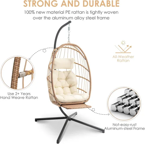 Miniatura 2 de Silla colgante de huevo Brafab con soporte y reposapiés, silla de columpio de mimbre en forma de huevo, marco de aluminio-acero para interiores