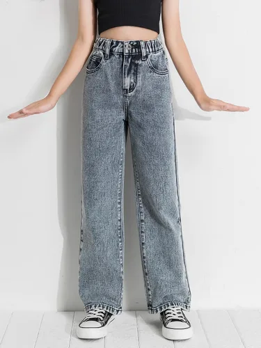 Miniatura 3 de Romwe Pantalones de mezclilla vintage de cintura alta y pierna recta para niña