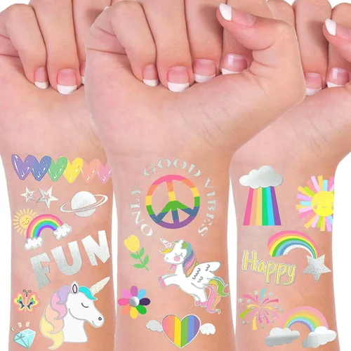 Groovy - Lindos tatuajes temporales para niños y niñas con patrón de arco iris de unicornio, más de 123 piezas de calcomanías falsas metálicas