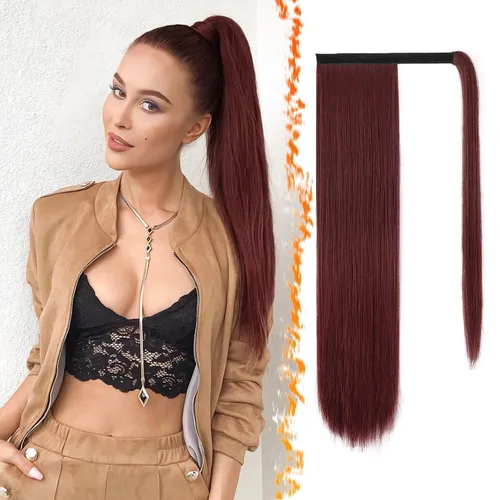 Miniatura 88 de BARSDAR Extensión de cola de caballo de 28 pulgadas largo recto envoltura alrededor del clip en pelo de fibra sintética para mujeres, negro