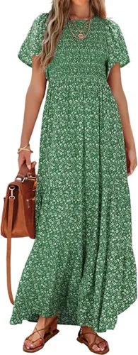 Miniatura 20 de PRETTYGARDEN - Vestido largo casual de verano para mujer, manga corta acampanada, bohemio, floral, cuello redondo, vestido blusón, escalonado
