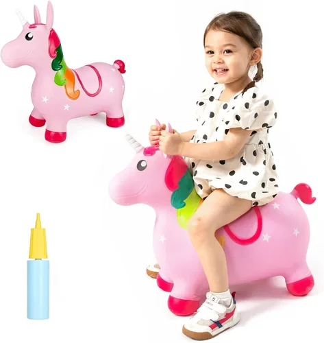 Miniatura 19 de INPANY Tolva de unicornio rosa, tolva de caballo, juguete inflable inflable para niños, niños y niñas, niños pequeños (bomba incluida)