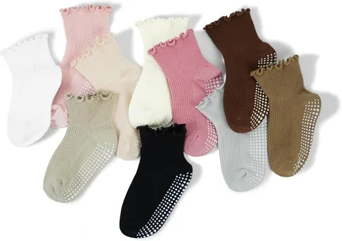 Miniatura 3 de Calcetines con volantes para niñas – Calcetines antideslizantes con puños – Calcetines de algodón suave con volantes para interiores