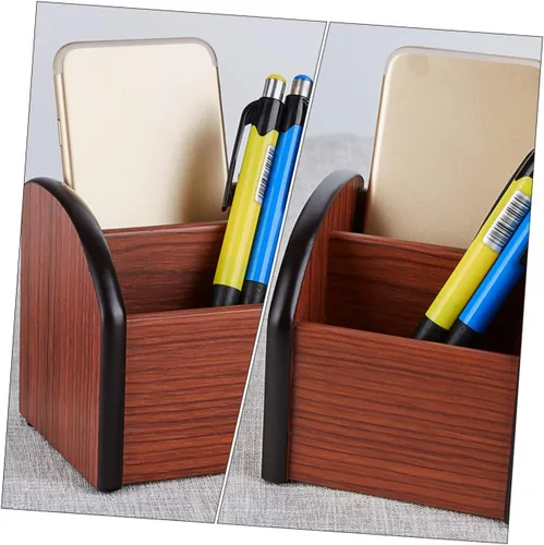 Miniatura 4 de STOBOK Soporte para bolígrafo de madera para escritorio, caja de bolígrafos de madera, organizador de escritorio multiusos, soporte de lápiz