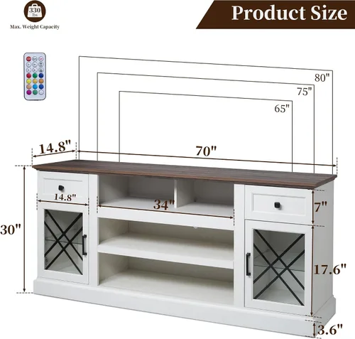 Miniatura 3 de Mesa de soporte de TV de 70 pulgadas para TV de 75/80 pulgadas, moderno centro de entretenimiento con luces LED y 2 cajones, soportes de TV