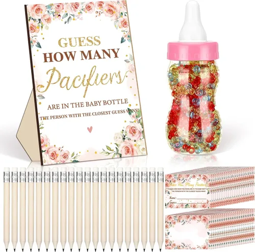 Miniatura 10 de Syhood Greenery Baby Shower Games Guess How Many Pacifiers Sage Game Signal, 50 pequeños juegos de adivinanzas, 20 lápices HB, botella de leche
