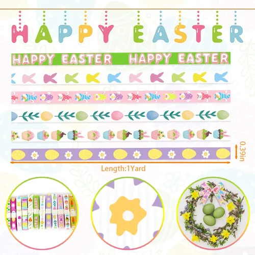 Miniatura 2 de ALIBBON Cinta de Pascua de 12 yardas, 3/8 pulgadas, clásico, patrón de dibujos animados, verde, rosa, amarillo, blanco, ocasión de Pascua