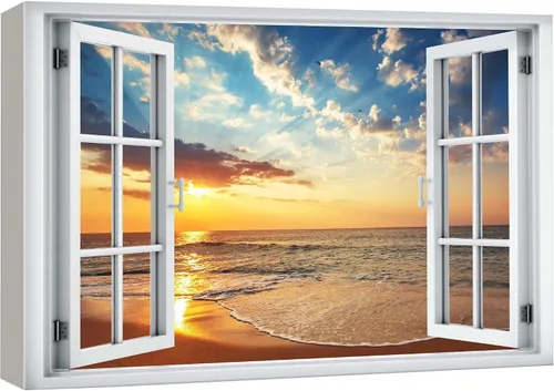 Miniatura 14 de wall26 Lienzo impreso para pared, vista de ventana a barco y playa tropical, isla de naturaleza, desierto, fotografía, realismo, paisaje rústico