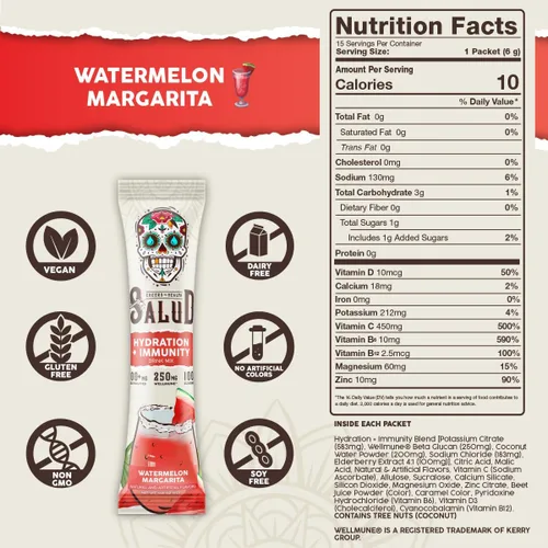 Miniatura 3 de Paquetes de Hidratación 2-en-1 Salud + Polvo de Electrolitos para la Inmunidad, Margarita de Sandía - Mezcla para Bebida de Agua Fresca, Baya