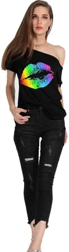 Miniatura 19 de MAGICMK - Camiseta casual para mujer, con estampado de labios y hombro descubierto, talla extragrande
