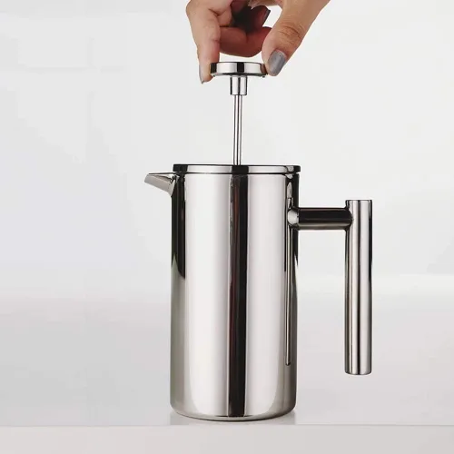 Miniatura 8 de Prensa francesa pequeña de acero inoxidable, 12 onzas de doble filtro para café, cafetera y máquina para servir individual, color plateado