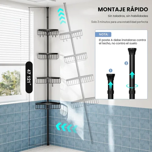 Miniatura 6 de Organizador de Ducha de Esquina con Barra de Tensión: Organizador Ajustable a Prueba de Óxido de 4 Niveles para el Interior del Baño - 120-307 cm