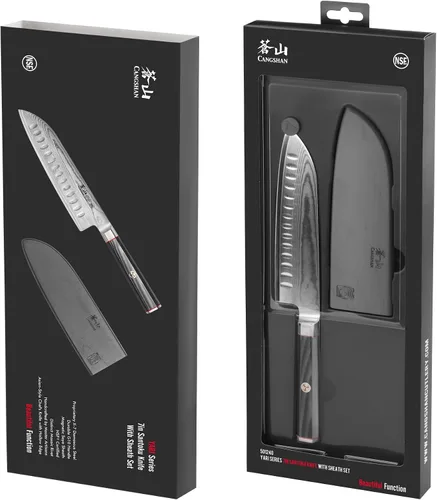 Miniatura 7 de Cangshan YARI Series X-7 Cuchillo Santoku de acero Damasco de 7 pulgadas con funda