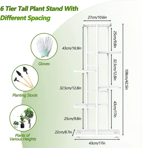 Miniatura 4 de Soporte para plantas de 6 niveles y 7 macetas para interiores con herramientas y guantes de jardinería, organizador de estantes de metal esquineros