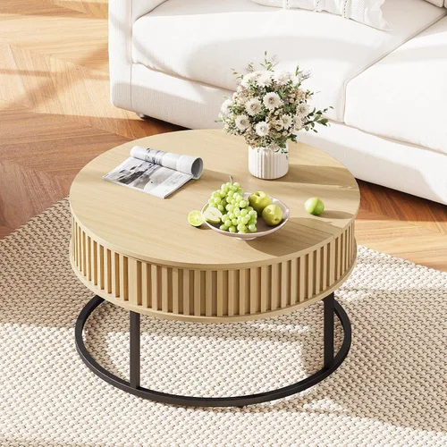 Miniatura 3 de Mesa de centro redonda con parte superior elevadora, mesas de centro de madera estriada para sala de estar, elevación para comedor, gran
