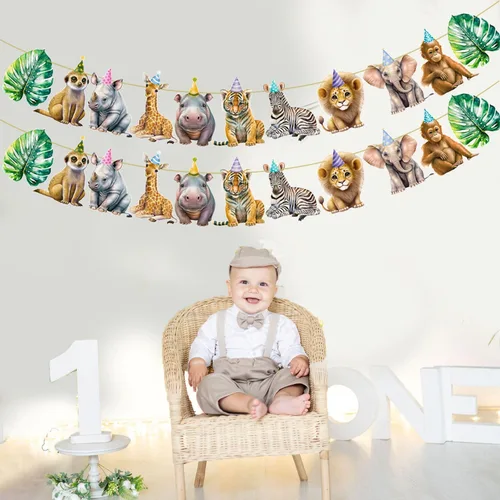 Miniatura 9 de Pancarta de animales de safari, 2 unidades, banderines recortados para fiesta de selva, carteles colgantes con temática de safari, decoraciones