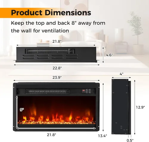 Miniatura 6 de SIMOE - Chimenea eléctrica de 23 pulgadas, chimenea empotrada de 1500 W con llama multicolor y cama de brasas de cristal, temporizador de 9 horas
