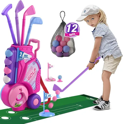 HYES Juego de golf para niños pequeños de 2 a 4 años, palos de golf de plástico para niños mejorados con 12 bolas, alfombra de putt, correa para el