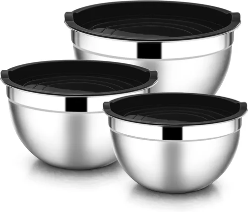E-far Tazones para mezclar con tapas, juego de 6 piezas de tazones para ensalada de acero inoxidable, tazones de metal anidables para hornear,